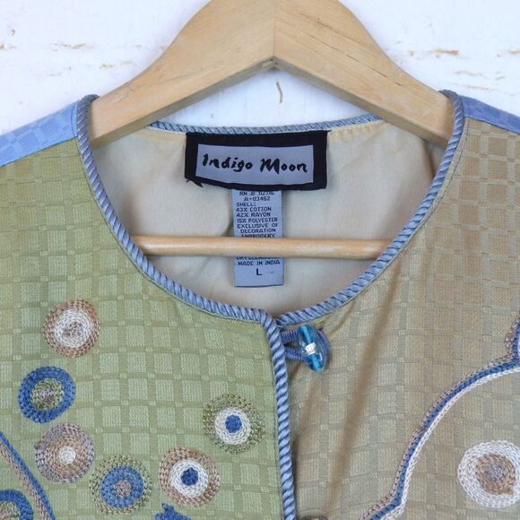 Indigo Moon Jacket Women L Blue Green Patchwork Embroidered Lined VTG Boho Artsy - Picture 6 of 14